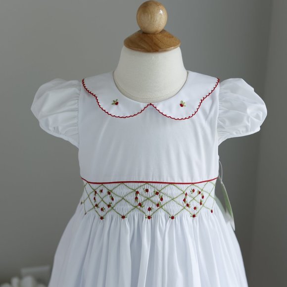 White Smocked Dress with Red and Green Embroidery Size 4 Boutique NWT - Picture 6 of 6